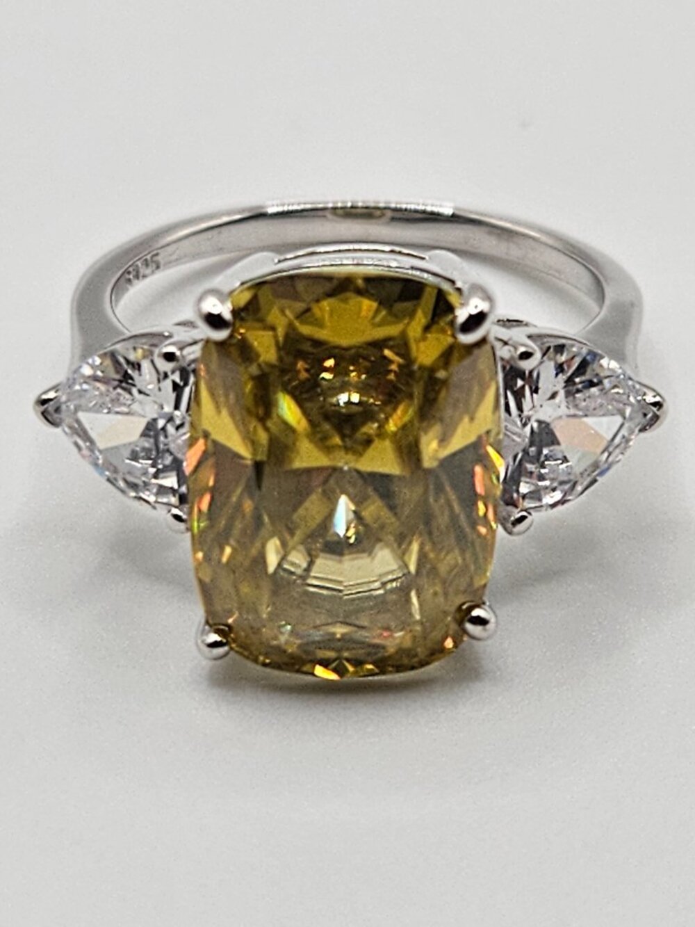 925 Silver 10 CTW Cushion Yellow Moissanite 3-Stone Ring Size 7.5 - Picture 6 of 8